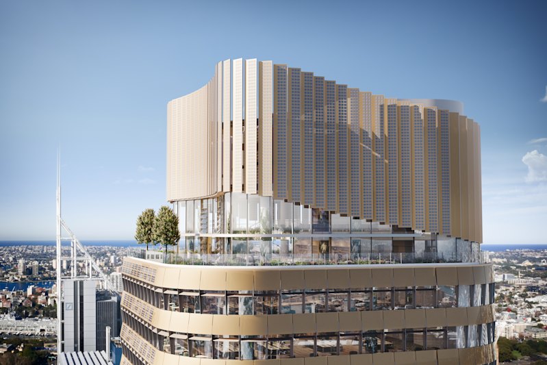 A rendering of the 55-storey Halo office tower in Sydney’s CBD, which lays claim to being the world’s tallest hybrid timber tower when completed.