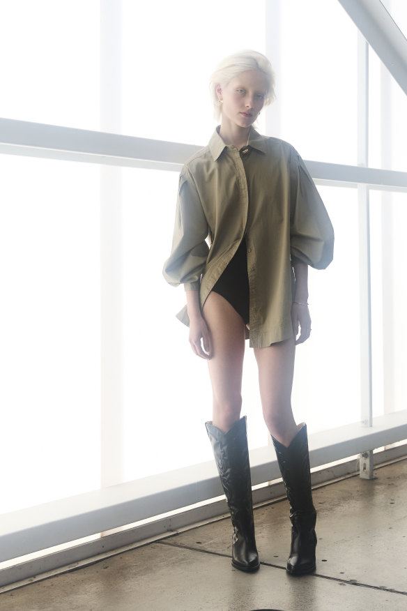 Aje “Louise” shirt, $295. St. Agni briefs, $279. Maje western leather boots, $1215.