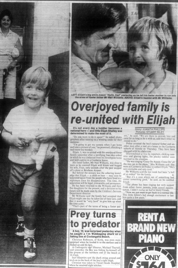 A 1983 clipping recording Elijah’s return to his foster parents following his kidnapping by Michael that sparked a five-day national manhunt and media storm.