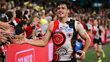 Charlie Banfield of the Saints acknowledges the fans after the round 10 AFL match.