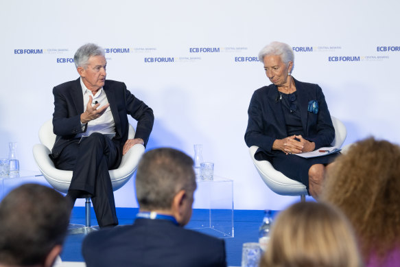 Rates could be higher for longer: US Federal Reserve chairman Jerome Powell with ECB president Christine Lagarde on stage at the ECB Forum in Portugal.