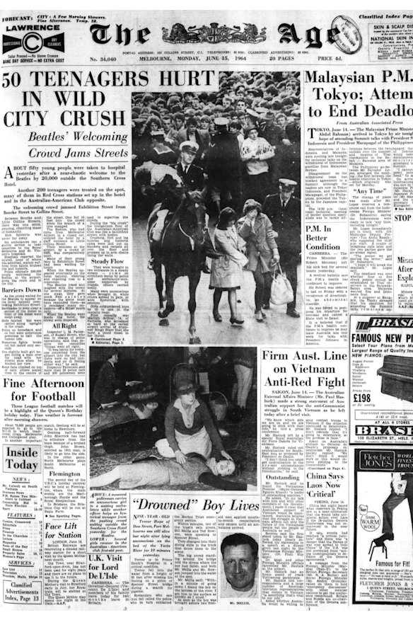 Sixty years before American superstar Taylor Swift brought her lucrative Eras tour to Melbourne, Beatlemania was sweeping Australia. On June 14, 1964, 20,000 fans waited outside Southern Cross Hotel in Melbourne to welcome The Beatles. Decoy cars and police escorts on horseback tried to contain the “human tide”, with about 50 fans hospitalised and 200 needing treatment.

“Between Bourke and Little Collins streets, there was one solid swaying, chanting mass of humanity,” The Age reported. “Mob hysteria was never far away.” One casualty was 14-year-old Marilyn Arthur, who burst a blood vessel in her throat screaming at drummer Ringo Starr when he arrived at Melbourne Airport.
