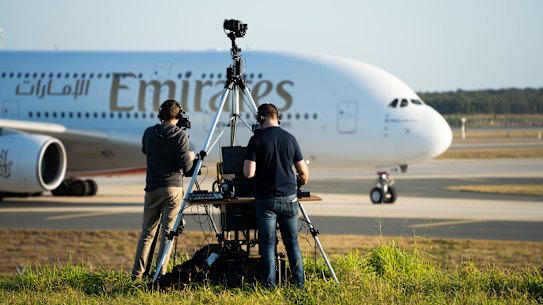 Matt Finlay (left) and James Haddow from the Only Planes Network YouTube channel at Brisbane Airport. Pic supplied by Brisbane Airport.