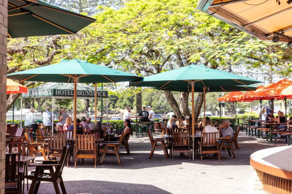 Trees and umbrellas shade the hotel’s large beer garden.