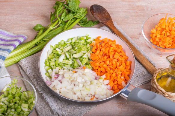 A classic mirepoix featuring celery, carrot and onion.