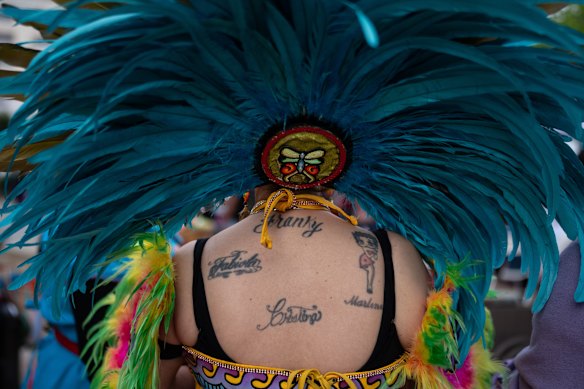 Aztec dancer Maria Rodriguez participates in a Cinco de Mayo celebration at Mariachi Plaza in Los Angeles.