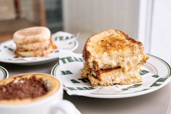 The cafe’s gooey chicken melt has been an early bestseller.