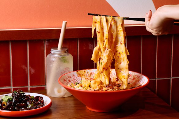 Terrific’s hand-prepared noodles come thick and glossed in chilli oil.