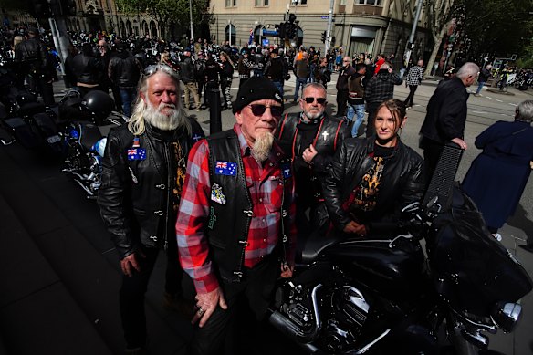 Robert ‘Pommy’ Nicholson (left), Blue Watts, Gordon Parry and Hayley Watts were among 3500 people calling for action to fix Victorian roads.