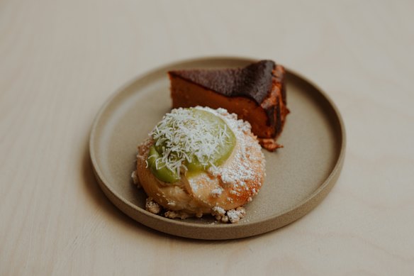 Pandan brioche bun and Thai milk tea Basque cheesecake at Khanom House, Chippendale.