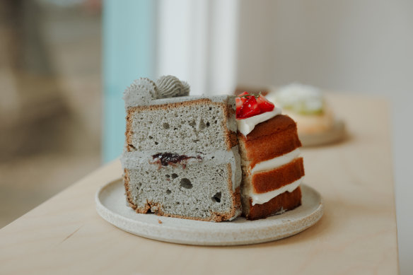 A slice of black sesame chiffon cake and strawberry shortcake.