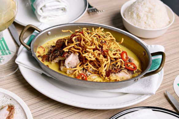 Barbecue snapper with Sri Lankan curry, crispy noodles and curry leaf.