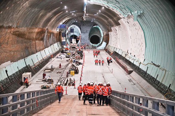 A tunnelling machine breaks through into a giant cavern for the Victoria Cross station at North Sydney in August 2019.