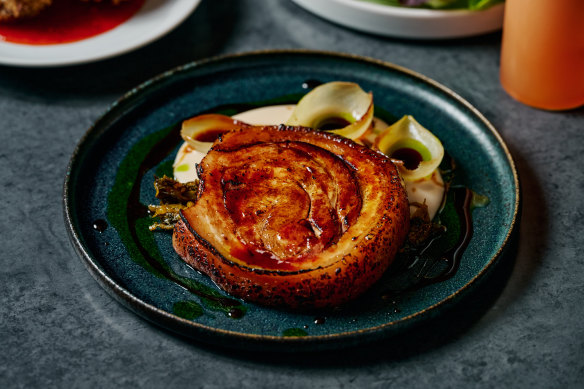 Roast pork belly with mustard greens riffs on the char siu pork served in ramen.