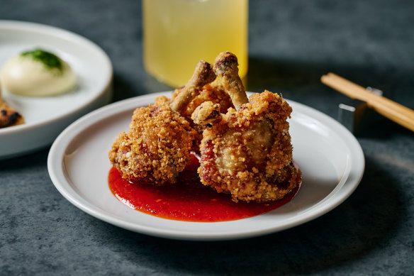 Chicken short wing, a perfect meaty lollipop, is served with chilli kosho.
