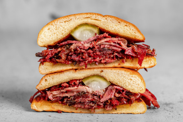 The new budget pastrami burger from Lenny Brisket’s new takeaway shop, Pastrami Burger. 