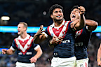 Robert Toia celebrates his try against Parramatta.