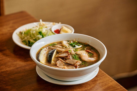 Noodle soups are topped with crab and prawn, duck maryland and snails.
