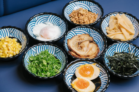 Each bowl of aburasoba is the diner’s to customise, using toppings, oil and vinegar.