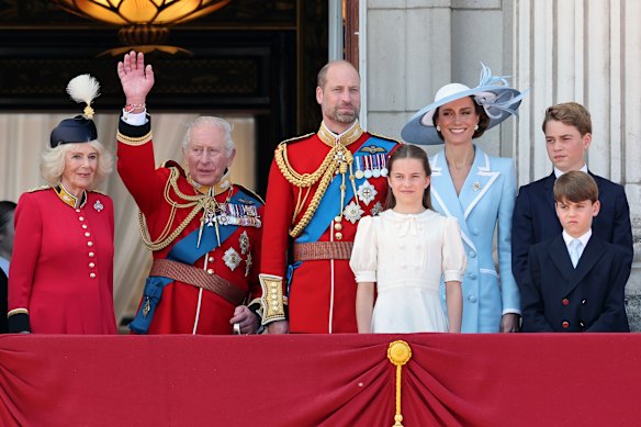 The Royal Family gather on the balcony of Buckingham Palace to watch an RAF flypast during Trooping the Colour.