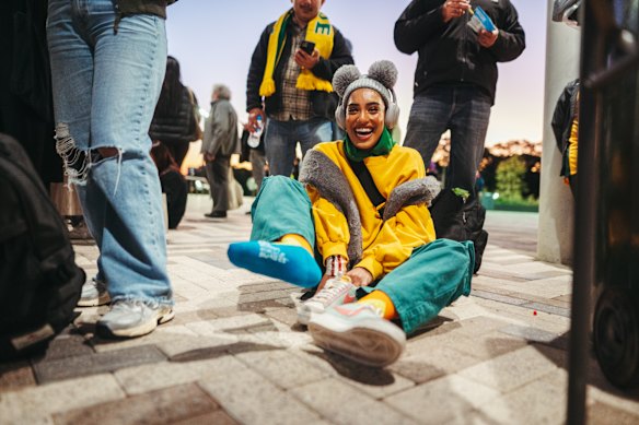 Matilda super fan Maab with her FIFA Womens World Cup socks, outside Sydney Football Stadium live site, Moore Park.