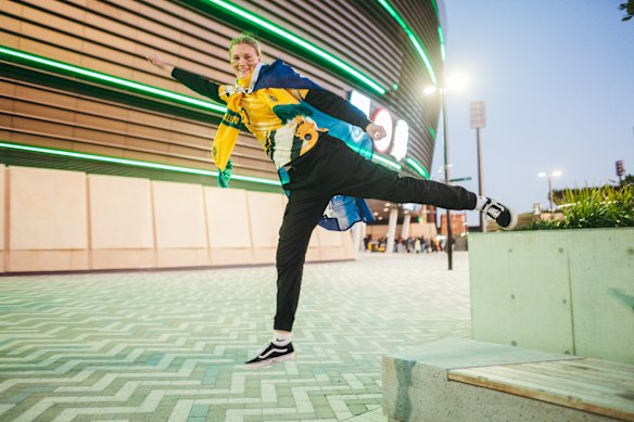 Matildas super fan Brianna Bilek  outside Sydney Football Stadium live site, Moore Park.