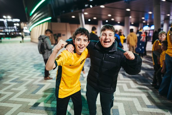 Matildas super fans Alec Witte, 13, and Aydin Ozer ,12, outside Sydney Football Stadium live site, Moore Park.