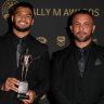 Brisbane Broncos player Payne Haas (left) and Gregor Haas at the 2019 Dally M Awards at the Hordern Pavilion in Sydney.