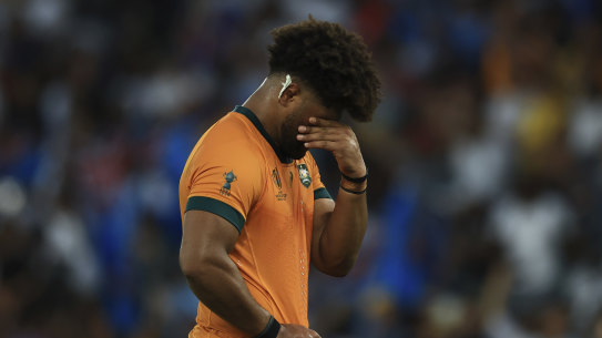 Rob Valetini reacts after the Wallabies’ loss to Fiji at the Rugby World Cup in France.