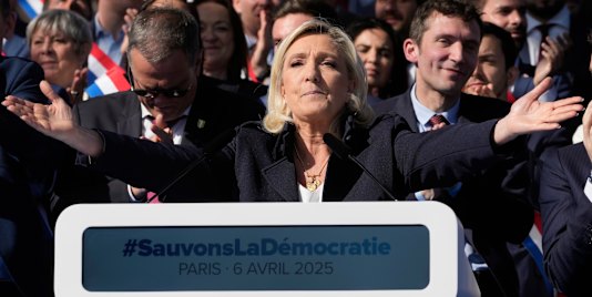 French far-right leader Marine Le Pen speaks in Paris on Sunday.