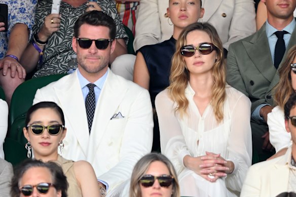 Liam Hemsworth and girlfriend of four years, Gabriella Brooks in matching cream outfits.