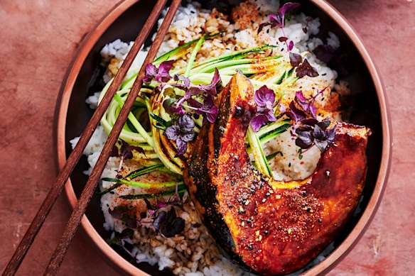 Sticky roasted pumpkin and miso rice bowls.