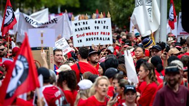 Government school teachers march in Melbourne’s CBD on Tuesday.