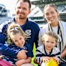 Patrick Dangerfield with wife Mardi and daughters Felicity (five) and Winnifred (one) ahead of his 350th game on Friday.