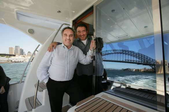 Influential Spanish chef Ferran Adria and Tetsuya Wakuda cruising Sydney Harbour in 2008
