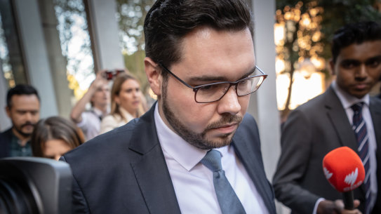 Bruce Lehrmann departs court on Monday after Justice Michael Lee found he raped Brittany Higgins.