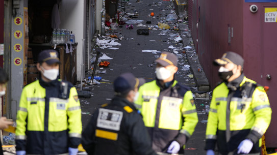 South Korean police officers stand guard at the scene in Seoul.