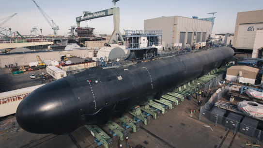 A Virginia-class nuclear submarine under construction at Newport, Virginia.