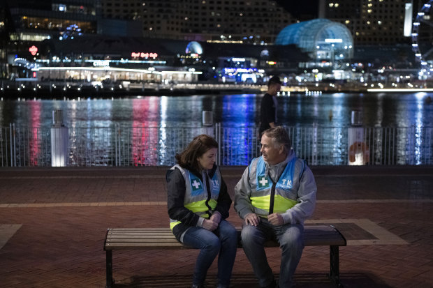 Kathy and Ralph Kelly in Sydney’s Darling Harbour, on patrol with the Take Kare program, which protects young people at night.