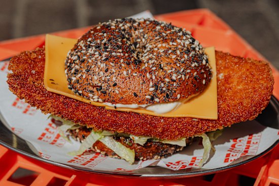 The formidable chicken schnitzel bagel.