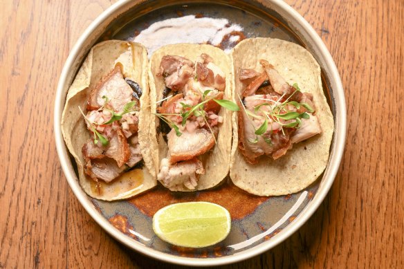 Pork tacos, the lunch special of three house-made tortillas with a filling that changes daily.