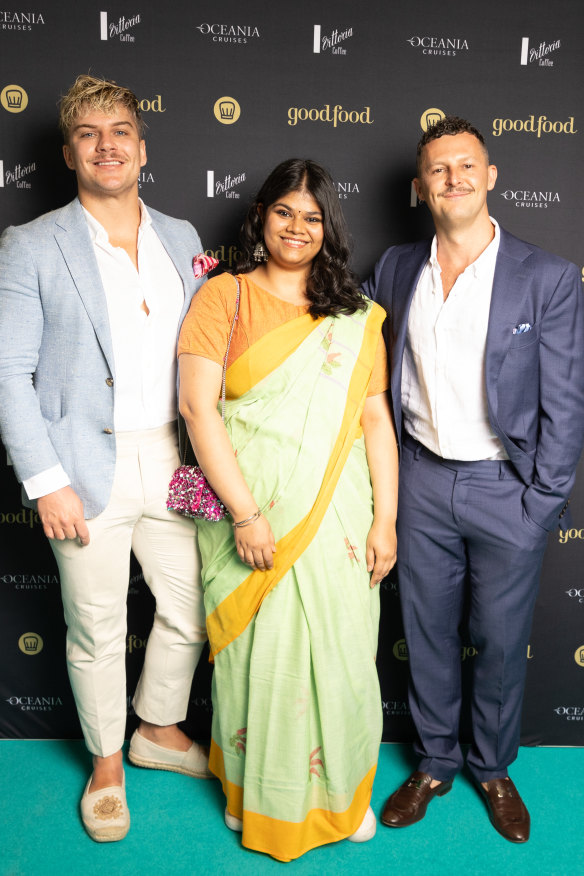 Raja’s Kirk (left) and Nick Mathews-Bowden with chef Ahana Dutt (centre), pictured at the Good Food Guide awards.