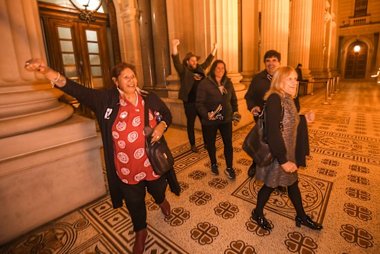 First Peoples’ Assembly of Victoria members celebrating the Treaty Authority Bill passing Victorian  parliament on Tuesday evening.