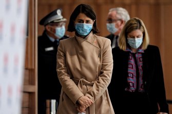 NSW Premier Gladys Berejiklian and Chief Health Officer Dr Kerry Chant arriving for todayâs press conference. 