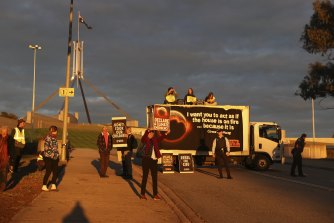 Extinction Rebellion blockade on one of the roads leading up to Parliament House in Canberra on Wednesday.