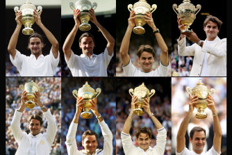 Federer’s winning ways at Wimbledon. From top left in 2003, 2004, 2005, 2006, 2007, 2009, 2012 and 2017.