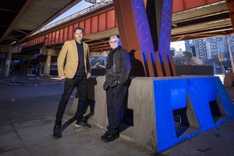 Deputy Mayor Nicholas Reece and architect Karl Fender at the City Road-Kings Way overpass.