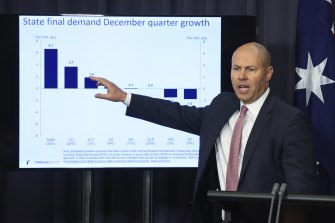 Treasurer Josh Frydenberg talks about the national accounts figures at Parliament House on Wednesday.