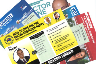 A selection of how-to-vote cards issued at a pre-polling booth in Chatswood on Monday.