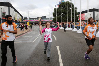 Batonbearer Heidi Rhodes James holds the Queen’s Baton during the Birmingham 2022 Queen’s Baton Relay.